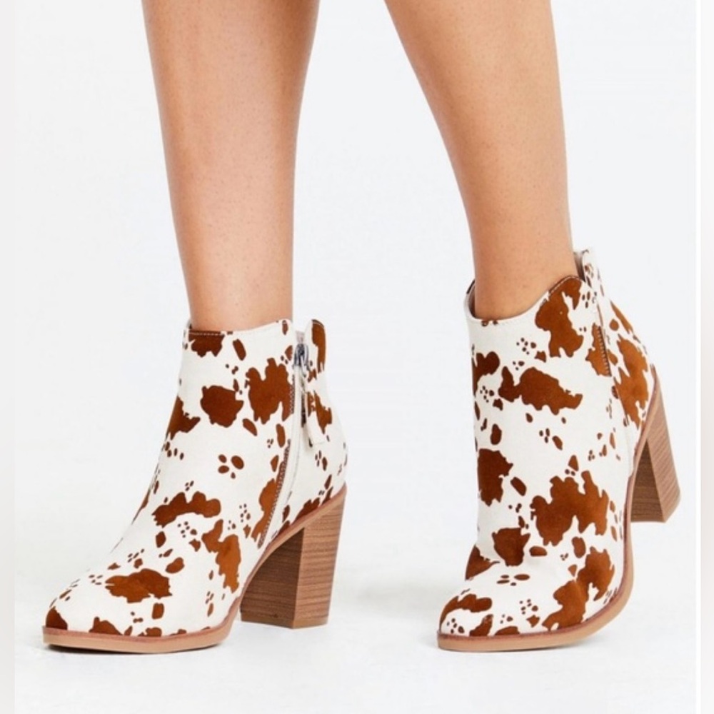 Altar’d State Emory Ivory Tan Brown Cow Print Almond Toe bootie